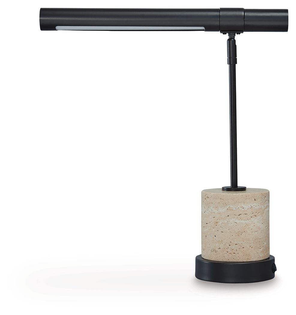 Love clean lines and sleek styling? Then this desk lamp is sure to find a place in your heart. Its architectural lines and beige travertine base are stunning in their chic simplicity. And USB-C charging in the base allows you to keep devices nearby while 