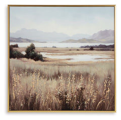 This wall art puts a peaceful spin on hanging decor. Its quiet landscape invites you to a lakeside field, with rolling mountains in the background that bring depth to the design. Hand-painted and gold leaf embellishments make each piece unique.<br/><br/><