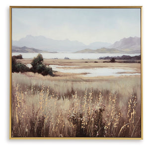 This wall art puts a peaceful spin on hanging decor. Its quiet landscape invites you to a lakeside field, with rolling mountains in the background that bring depth to the design. Hand-painted and gold leaf embellishments make each piece unique.<br/><br/><