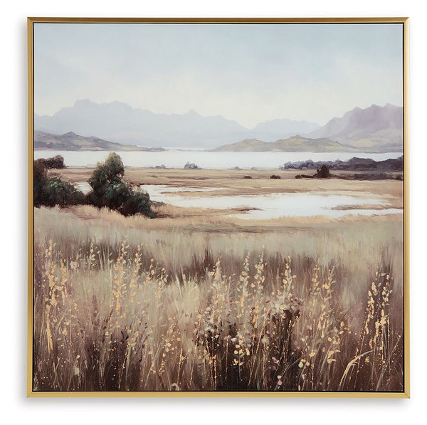 This wall art puts a peaceful spin on hanging decor. Its quiet landscape invites you to a lakeside field, with rolling mountains in the background that bring depth to the design. Hand-painted and gold leaf embellishments make each piece unique.<br/><br/><