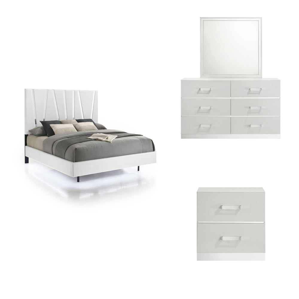 The Europa 4 Piece Bedroom Set in white is the epitome of modern elegance and practical design. This set includes a panel bed along with a dresser, mirror, and nightstand. The sleek, sophisticated look is achieved through a majestic headboard, glossy whit