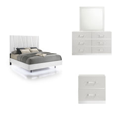 The Europa 4 Piece Bedroom Set in white is the epitome of modern elegance and practical design. This set includes a panel bed along with a dresser, mirror, and nightstand. The sleek, sophisticated look is achieved through a majestic headboard, glossy whit