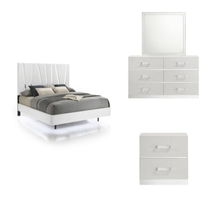 The Europa 4 Piece Bedroom Set in white is the epitome of modern elegance and practical design. This set includes a panel bed along with a dresser, mirror, and nightstand. The sleek, sophisticated look is achieved through a majestic headboard, glossy whit