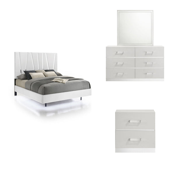 The Europa 4 Piece Bedroom Set in white is the epitome of modern elegance and practical design. This set includes a panel bed along with a dresser, mirror, and nightstand. The sleek, sophisticated look is achieved through a majestic headboard, glossy whit