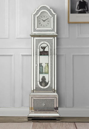 â€¢Assembled<br/><br/><b>Product Features</b><ul><li>Grandfather Clock</li><li>Standing Flat Wall</li><li>Storage: 3 Tier Shelf & 1 Storage Drawer</li><li>Beveled Mirrored Case-Frame with Faux Diamonds & Clear Glass Inlay</li><li>Clock Dial: Roman Numeral