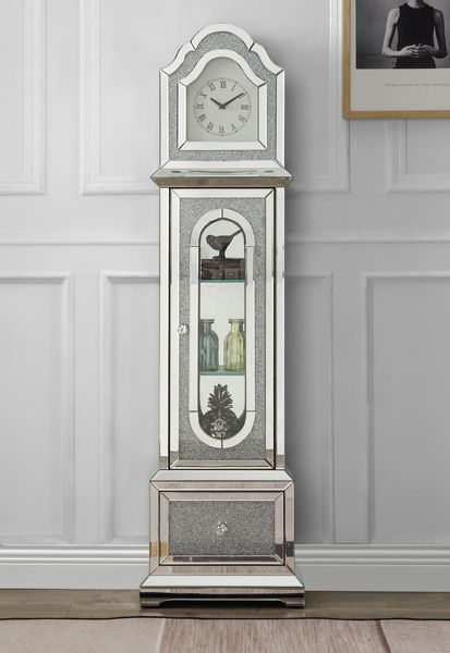â€¢Assembled<br/><br/><b>Product Features</b><ul><li>Grandfather Clock</li><li>Standing Flat Wall</li><li>Storage: 3 Tier Shelf & 1 Storage Drawer</li><li>Beveled Mirrored Case-Frame with Faux Diamonds & Clear Glass Inlay</li><li>Clock Dial: Roman Numeral