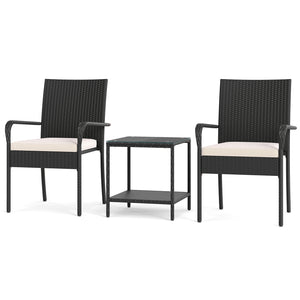 Crafted from appealing and long-lasting PE rattan<br>Comfortable to sit with ergonomic backrest and armrests<br>Soft seat cushions bring more coziness<br>Zippered cushion covers for simple maintenance<br>Side table with 2-tier design for more storage spac