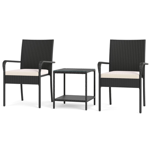 Crafted from appealing and long-lasting PE rattan<br>Comfortable to sit with ergonomic backrest and armrests<br>Soft seat cushions bring more coziness<br>Zippered cushion covers for simple maintenance<br>Side table with 2-tier design for more storage spac