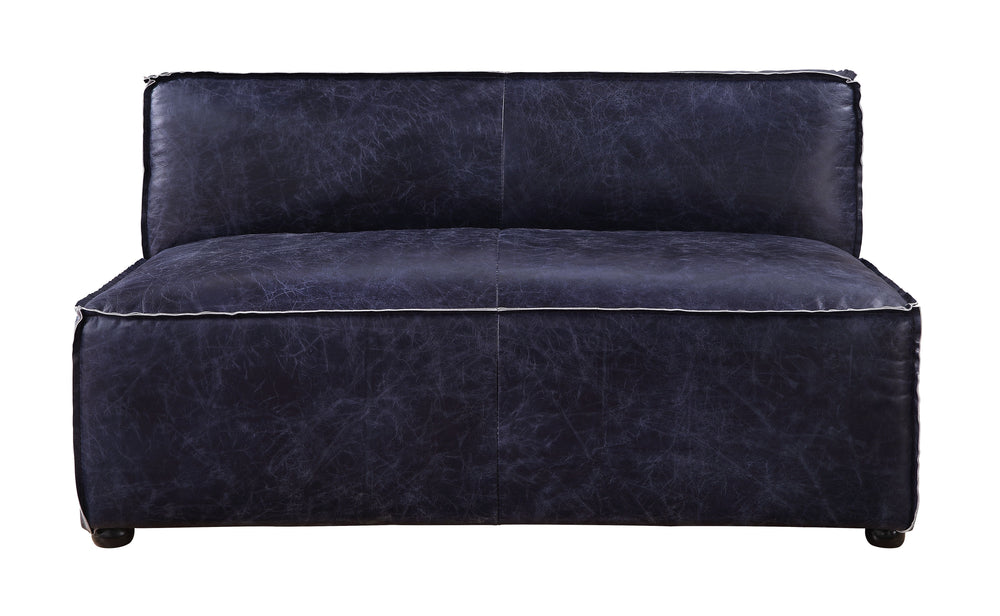 â€¢ Leg Height: 2-"<br/><br/><b>Product Features</b><ul><li>Case: 1Pc/1Ctn</li><li>Finish: Vintage Blue Top Grain Leather</li><li>Style: Contemporary</li><li>Materials: Upholstery, Wood Leg</li></ul><br/>