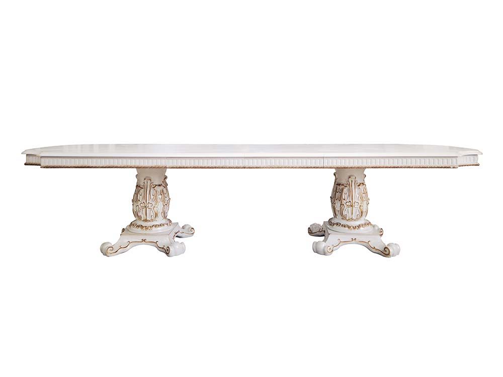 Commanding attention in any space, the impressive design of the Vendom double pedestal dining table will impress everyone. Adorned with classic elements including scrolls, curved shapes, and leaf molding accents to create an old-world charm. The antique p