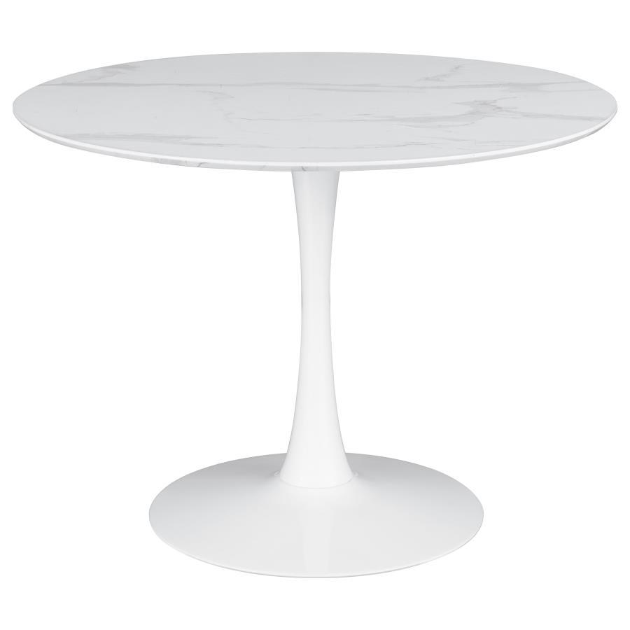 Add a modern twist to your dining space with this round dining table featuring a sleek pedestal base and an easy-to-clean white faux marble top. Designed for smaller spaces, this stylish table seats up to four comfortably while bringing a fresh, retro vib
