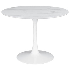 Add a modern twist to your dining space with this round dining table featuring a sleek pedestal base and an easy-to-clean white faux marble top. Designed for smaller spaces, this stylish table seats up to four comfortably while bringing a fresh, retro vib