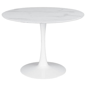 Add a modern twist to your dining space with this round dining table featuring a sleek pedestal base and an easy-to-clean white faux marble top. Designed for smaller spaces, this stylish table seats up to four comfortably while bringing a fresh, retro vib