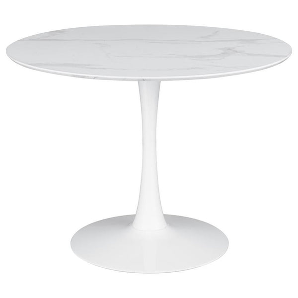 Add a modern twist to your dining space with this round dining table featuring a sleek pedestal base and an easy-to-clean white faux marble top. Designed for smaller spaces, this stylish table seats up to four comfortably while bringing a fresh, retro vib