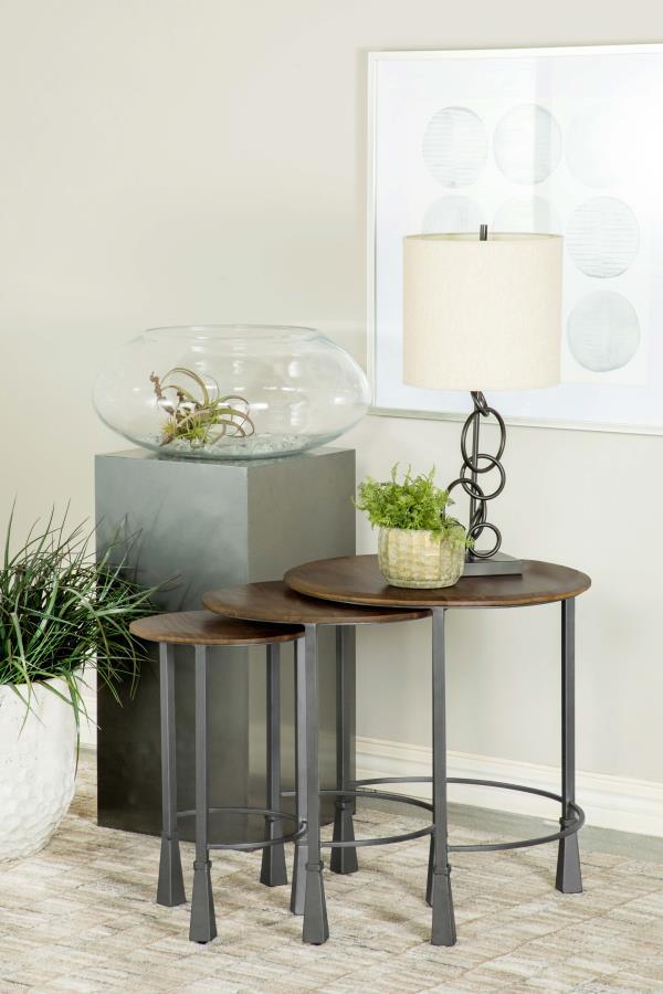  blending modern industrial aesthetics with natural charm. Each table features a solid mango wood tabletop