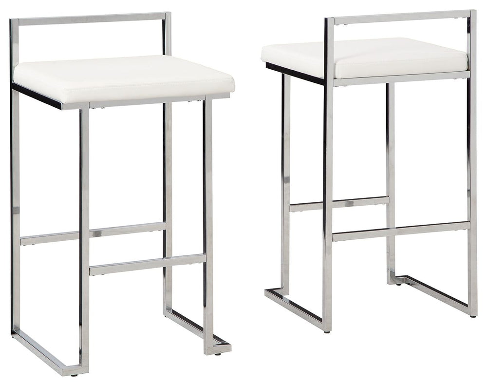 Wowing with a slim but sturdy profile and sculptural design, this bar stool is sure to whet your appetite for ultra-contemporary style. Its comfortably cushioned seat is covered in a fabulous white faux leather, while the metal frameâ€™s chrome-tone finis