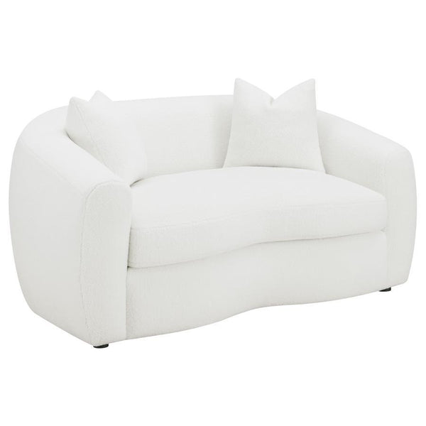 Transform your sophisticated modern living room with this vintage-like contemporary natural loveseat, featuring boucle upholstery that presents an inviting cloud-inspired resting place. Gracefully curved armrests, a single bench cushion, and a tailored ba