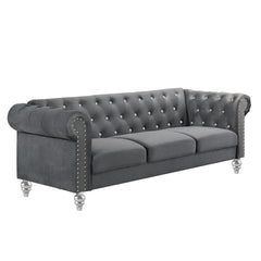 The New Classic Emma Chesterfield Velvet 3 Seat Sofa is a blend of soft elegance and sophisticated design. Crafted from 100% polyester velvet fabric, it offers cozy and indulgent seating for three. The glam tailoring features tufted backs and arms adorned