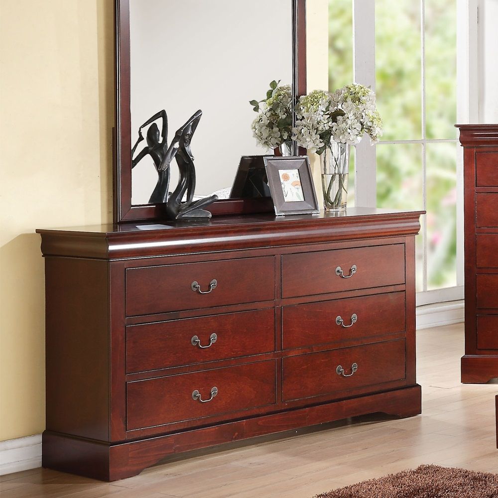 This Louis Philippe III dresser comes in black, cherry, white, and antique gray finish. Features six drawers that provide ample space to store your clothing, bedding and linens. All drawers have brushed nicked metal hardware and center metal glides. This 