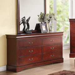 This Louis Philippe III dresser comes in black, cherry, white, and antique gray finish. Features six drawers that provide ample space to store your clothing, bedding and linens. All drawers have brushed nicked metal hardware and center metal glides. This 