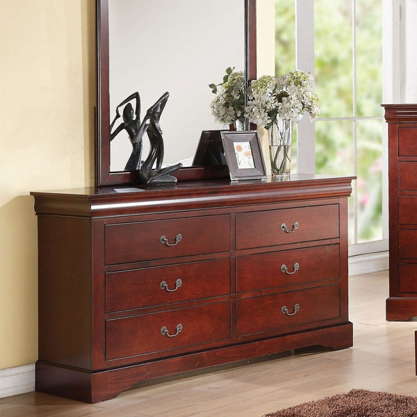 This Louis Philippe III dresser comes in black, cherry, white, and antique gray finish. Features six drawers that provide ample space to store your clothing, bedding and linens. All drawers have brushed nicked metal hardware and center metal glides. This 