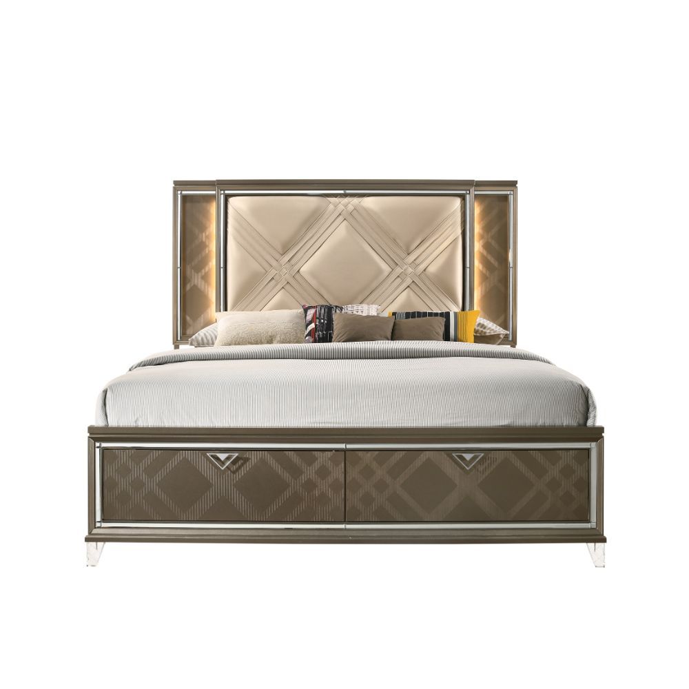 The Skylar collection immerses you in enduring glam and sophistication. Delight yourself in the features the stunning bed offers. Including champagne leatherette geometric padded headboards with touch function led lighting and matching wood frame embossed