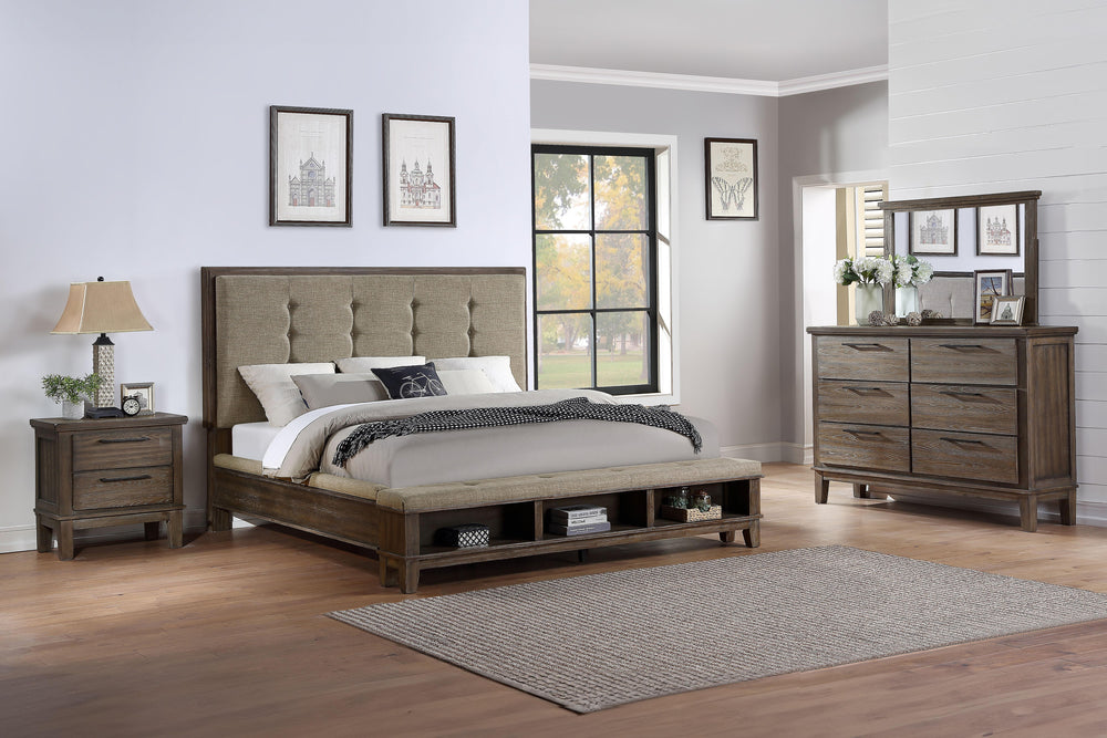 The Cagney 4-Piece Wood Bedroom Set in Vintage Gray combines timeless charm, tailored luxury, and practical functionality to create a stunning centerpiece for your bedroom. This set includes an upholstered panel bed with a bench storage footboard, a 6-dra