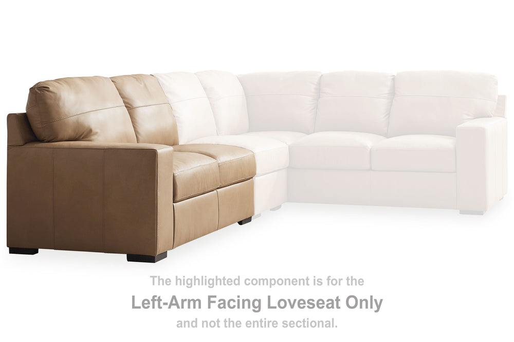 This left-arm facing loveseat is made with a combination of 100% top grain leather and faux leather upholstery. Pairs with other items in the series to make a sectional.<br><br><b>Additional Dimensions</b><br><ul><li>Arm height: 26-"</li><li>Seat depth: 2