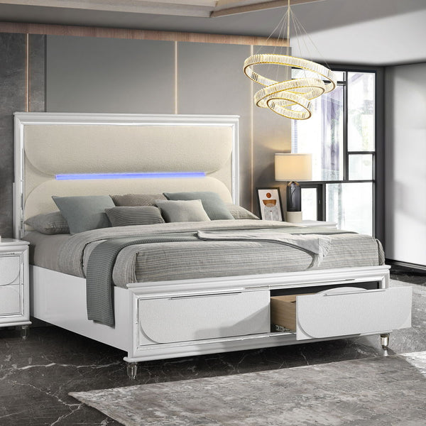 Box Spring NOT Required (13 Slats), Padded Headboad, LED Included(Headboard & Mirror), Storage Footboard, Acrylic KD Legs, Drawer: Dovetail, 2/3 Extension Glide, Mirror Trim