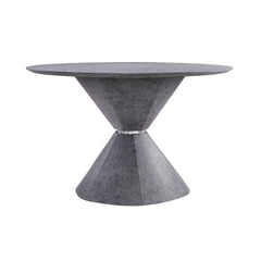 The Ansonia dining set features a pedestal dining table with a fixed round top and a trendy faux concrete finish. The matching side chairs are perched on sled metal bases with shiny chrome finish that contrasts beautifully with the gray PU upholstery on t