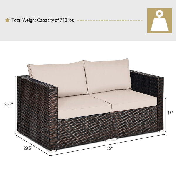 Power coated and solid steel frame adds sturdiness and durability<br>Tight and hand-woven rattan to withstand change of weather<br>2 of the corner sofas can be used separately<br>Aluminum foot pads protect bottom rattan from scratching<br>Wide armrest for