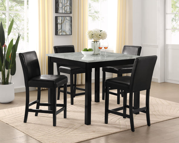 Make a bold statement in your dining space with this elegant counter-height set, where modern sophistication meets everyday functionality. The sleek, faux-marble tabletop exudes luxury while providing a durable and easy-to-clean surface for meals, gatheri