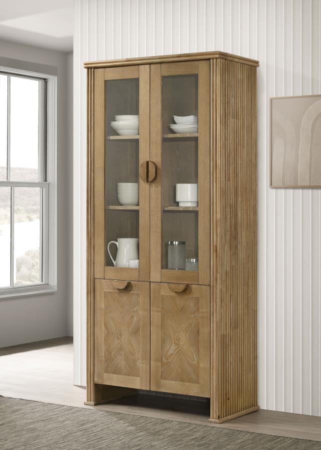 Elevate your dining room with this tall sideboard that exudes contemporary flair, finished in pearly almond. Showcasing tempered glass framed doors and adjustable shelves, it offers a streamlined solution for tableware storage or displaying glassware. Bel