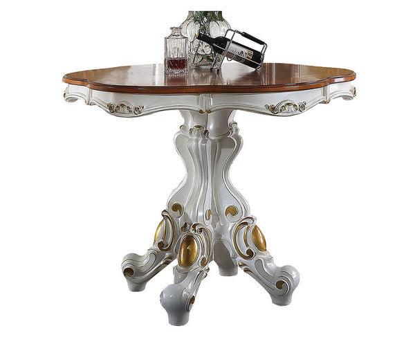 this impressive counter height dining set features a round pedestal table with spectacular antique hand-brushed accents over an elegant antique pearl finish. The matching counter height chairs are upholstered