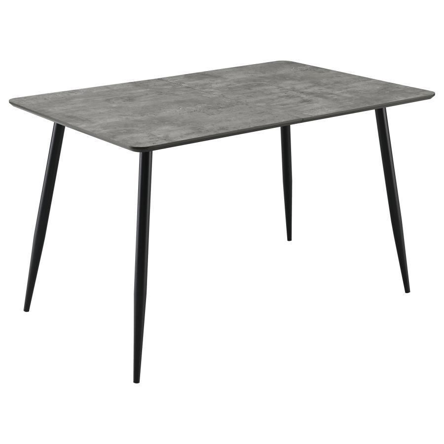This modern dining table features a sleek grey tabletop finish paired with black tapered legs, creating a sophisticated two-tone design. The table includes a 15. 75-inch butterfly leaf, extending its length from 47. 25 to 63 inches, perfect for accommodat