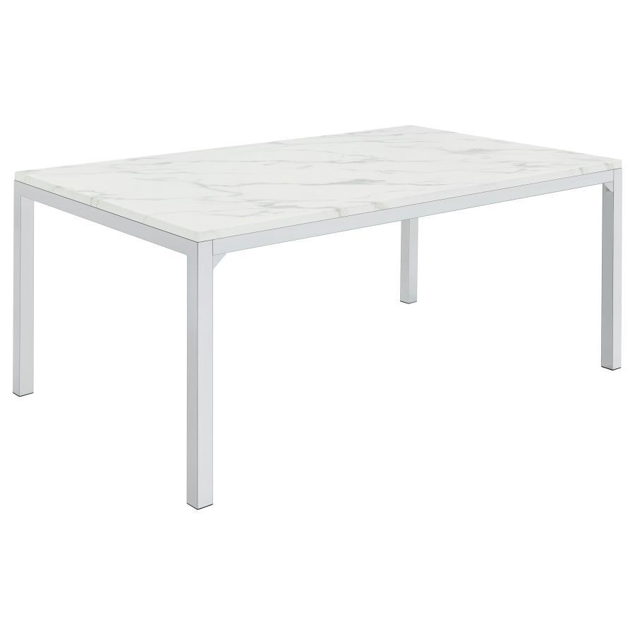 Dress up a dining room with striking, modern opulence. This gorgeous, contemporary dining table flaunts a smooth, white, marble top for a luxurious design that-'s sure to impress. The table base is made with top-quality metal in a gleaming chrome finish t