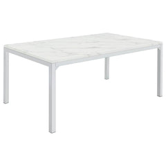 Dress up a dining room with striking, modern opulence. This gorgeous, contemporary dining table flaunts a smooth, white, marble top for a luxurious design that-'s sure to impress. The table base is made with top-quality metal in a gleaming chrome finish t