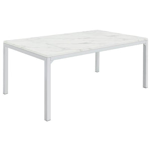Dress up a dining room with striking, modern opulence. This gorgeous, contemporary dining table flaunts a smooth, white, marble top for a luxurious design that-'s sure to impress. The table base is made with top-quality metal in a gleaming chrome finish t