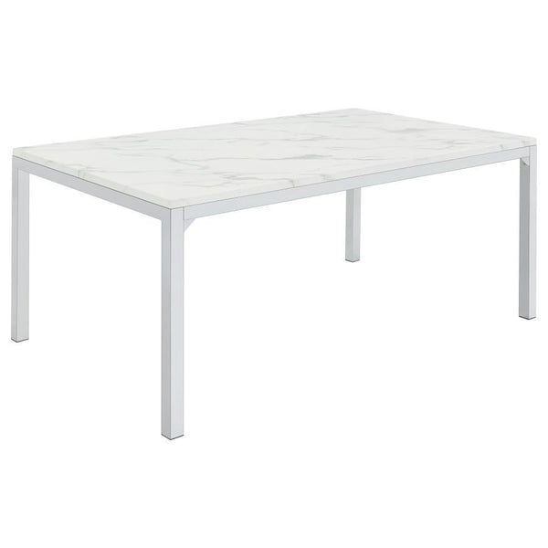 Dress up a dining room with striking, modern opulence. This gorgeous, contemporary dining table flaunts a smooth, white, marble top for a luxurious design that-'s sure to impress. The table base is made with top-quality metal in a gleaming chrome finish t