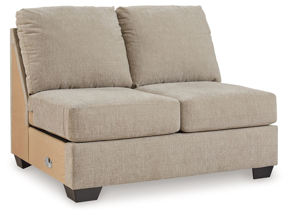 This armless loveseat is made with polyester upholstery. Pairs with other items in the series to make a sectional.<br><br><b>Additional Dimensions</b><br><ul><li>Seat depth: 32-"</li><li>Seat height: 21-"</li><li>Top of cushion to top of back: 18-"</li><l