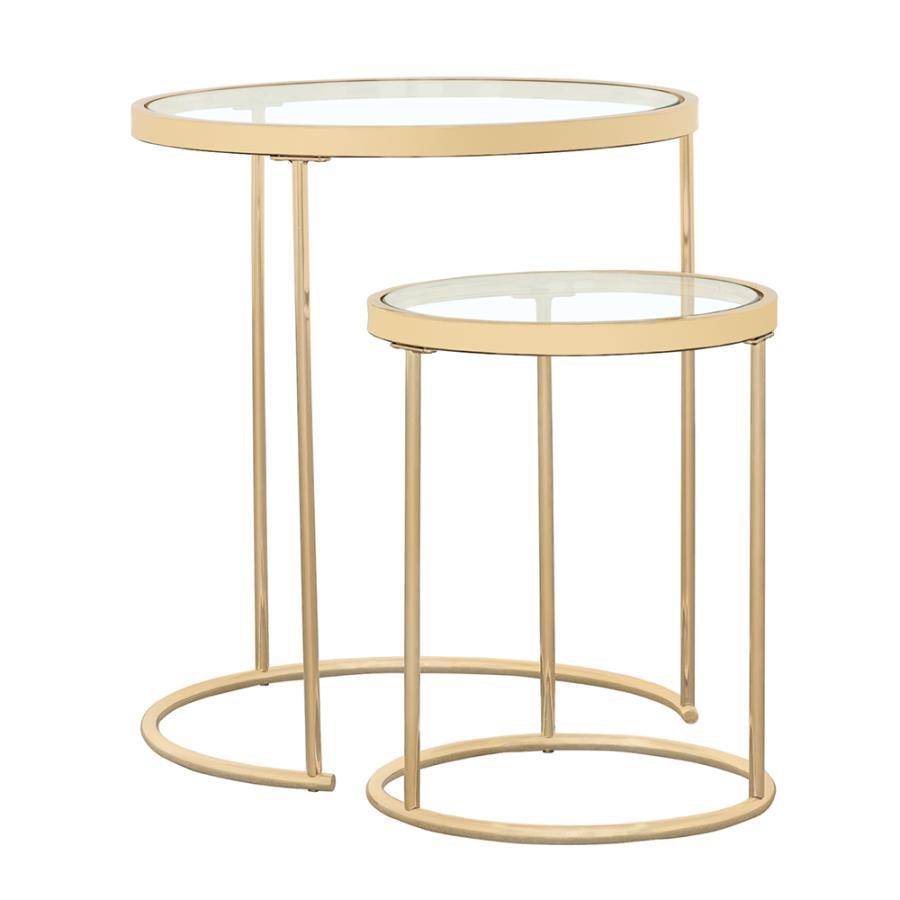 Elevate your living space with this stylish two-piece nesting table set. Featuring clear tempered glass tops and a sleek gold electroplated steel frame, these round tables provide both convenience and modern elegance. The clean, minimalist design seamless