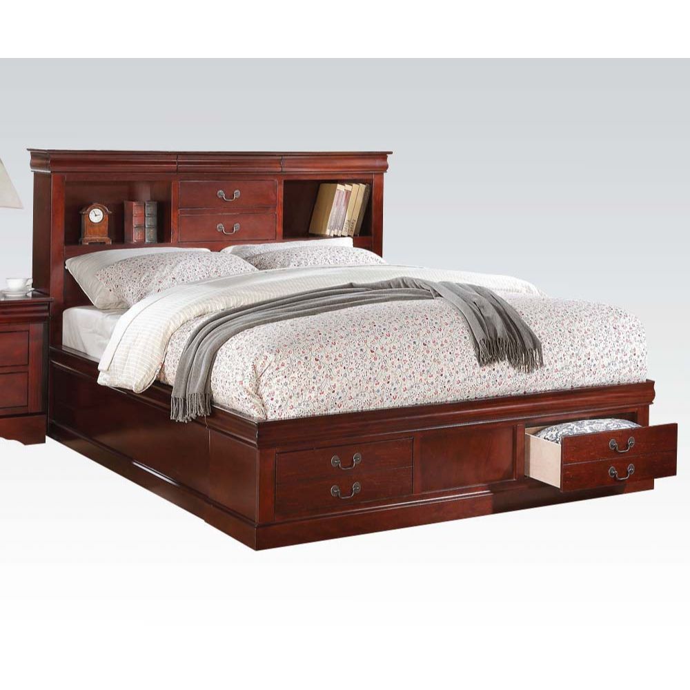 The Louis Philippe III storage bedroom collection features storage bed, headboard with hidden drawers, carefully crafted with selected wood and veneers and complemented by brushed nickel hardware. This collection will make the perfect companion for your f