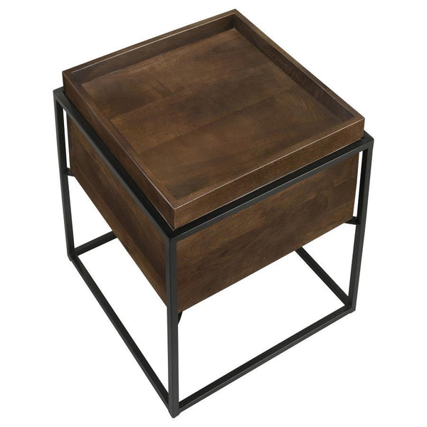  this accent table features an open cube-inspired iron base with slim corner frame edges in a gunmetal finish.
