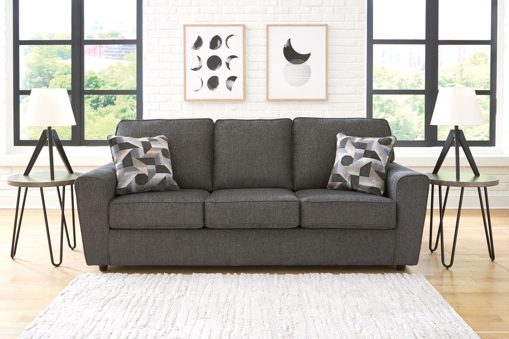 Revamp your sleekly styled living room sanctuary with this sofa and loveseat. Well-suited to contemporary spaces with a calming neutral upholstery in slate gray, it makes a subtle design statement in your space whether youâ€™re hosting guests or enjoying 