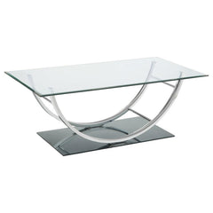 This contemporary rectangular coffee table features a clear tempered glass top and a sleek tempered mirrored base for a polished and modern appeal. The elegantly curved frame, crafted from electroplated heavy gauge metal in a chrome finish, enhances its s
