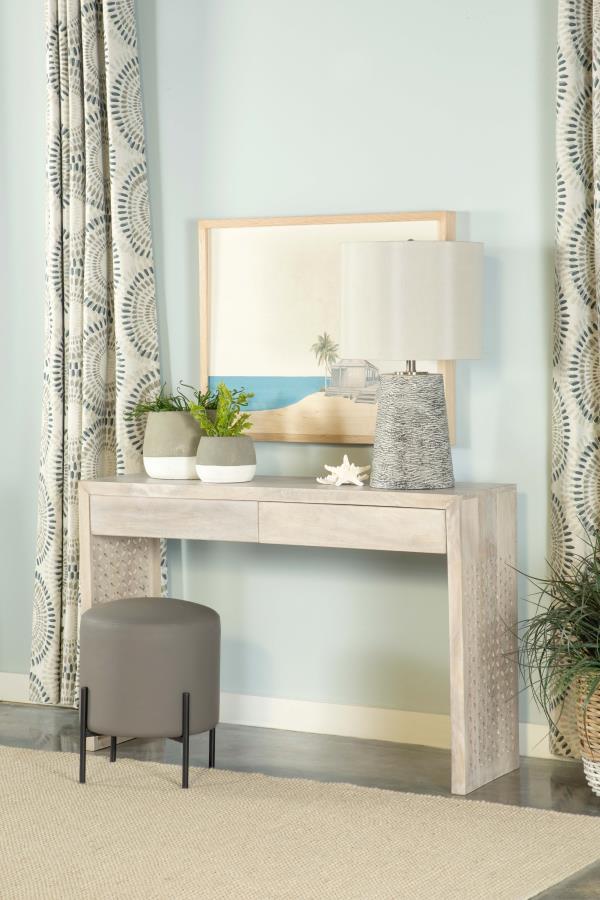  this contemporary console table makes a striking statement piece in a space. Designed with a lightly hued