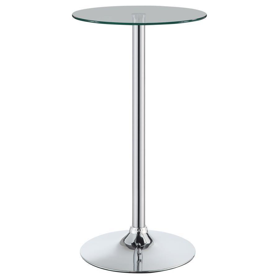 Sleek and sophisticated, this contemporary bar table features a round tempered glass top and polished chrome pedestal base. A stylish fit for modern kitchens, lounges, or small dining spaces, it offers a clean, minimalist surface thatâ€™s easy to maintain