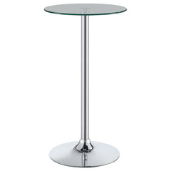 Sleek and sophisticated, this contemporary bar table features a round tempered glass top and polished chrome pedestal base. A stylish fit for modern kitchens, lounges, or small dining spaces, it offers a clean, minimalist surface thatâ€™s easy to maintain