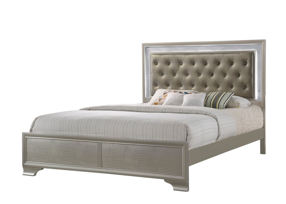 Step into a realm of sophistication and comfort with this stunning bedroom collection. Each piece showcases an exquisite blend of traditional charm and contemporary flair, making a bold statement with its textured surfaces and elegant champagne finish. Th