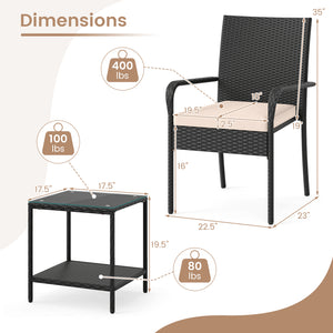 Crafted from appealing and long-lasting PE rattan<br>Comfortable to sit with ergonomic backrest and armrests<br>Soft seat cushions bring more coziness<br>Zippered cushion covers for simple maintenance<br>Side table with 2-tier design for more storage spac